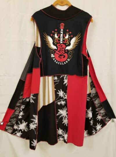 Sleeveless Knee Length Duster on Hanger in Red Black and white with red guitar on the top back
